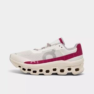 On Running Women's Cloudmonster Sneaker in White with Magenta Accents